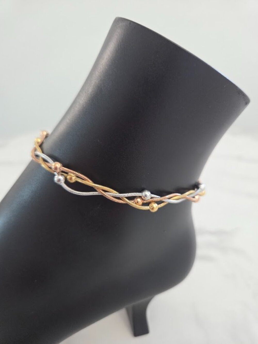 Tri-Tone Beaded Snake Chain Anklet Braided Gold Rose Gold Silver - Picture 3 of 12